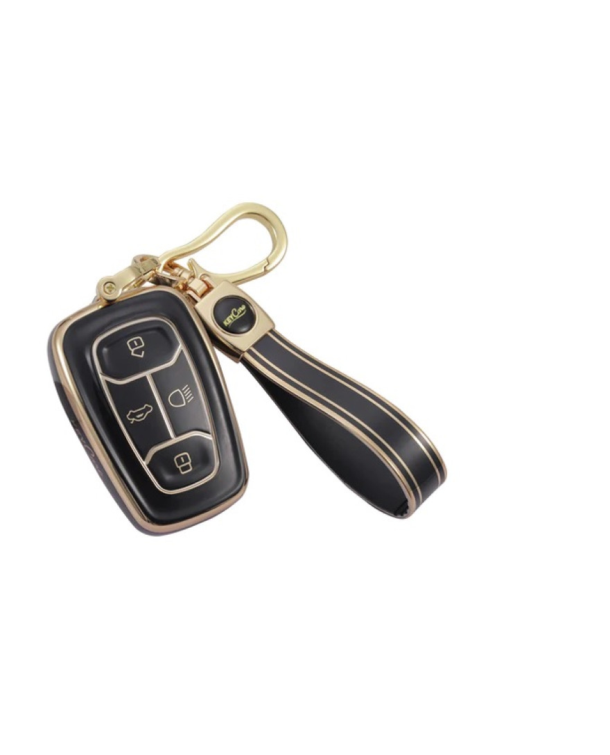 Keycare TPU Key Cover Compatible for Nexon, Harrier, Tigor BS6, Tigor EV, Safari 2021, Altroz, Safari Gold, Gravitas, Punch Smart Key | TP08 Gold Black